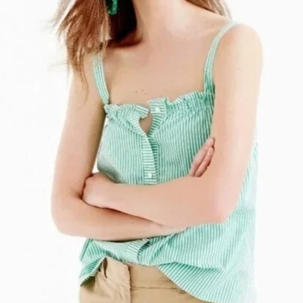J.Crew Striped Button Front Ruffle Top Clover Green White size 16